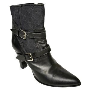 Louis Vuitton Monogram Logo Canvas + Leather Heeled Buckle Booties Black EU 36.5